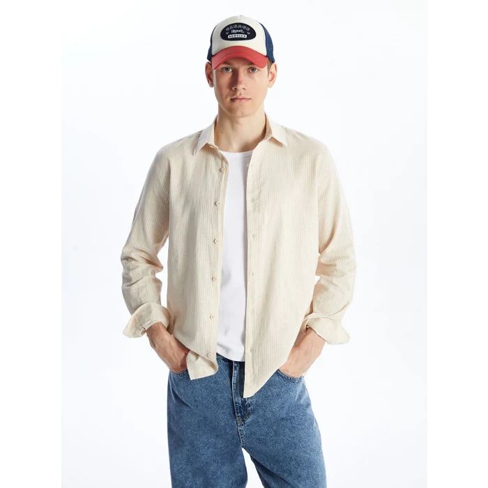 XSIDE Bej Regular Fit Uzun Kollu Keten Karışımlı Erkek Gömlek