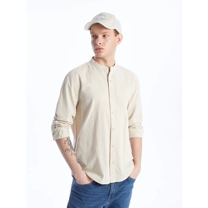 XSIDE Bej Regular Fit Uzun Kollu Keten Karışımlı Erkek Gömlek