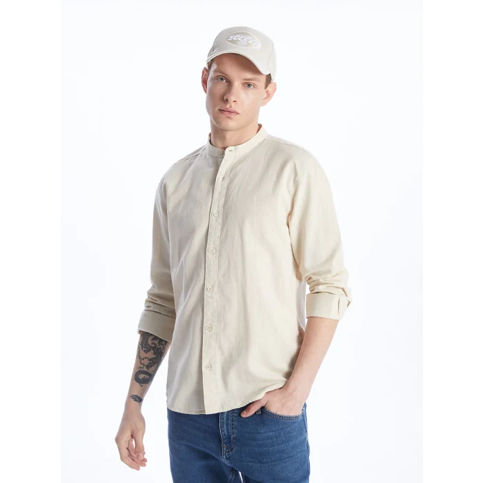 XSIDE Bej Regular Fit Uzun Kollu Keten Karışımlı Erkek Gömlek