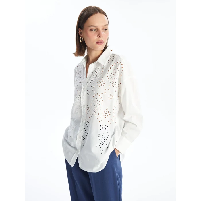 LCW Vision Beyaz Kendinden Desenli Uzun Kollu Oversize Kadın Gömlek