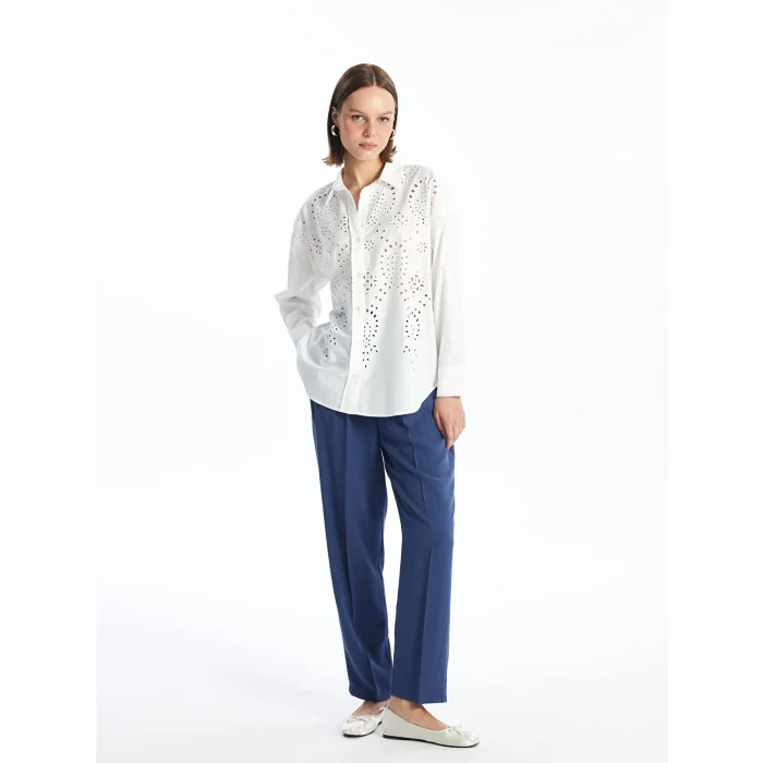 LCW Vision Beyaz Kendinden Desenli Uzun Kollu Oversize Kadın Gömlek