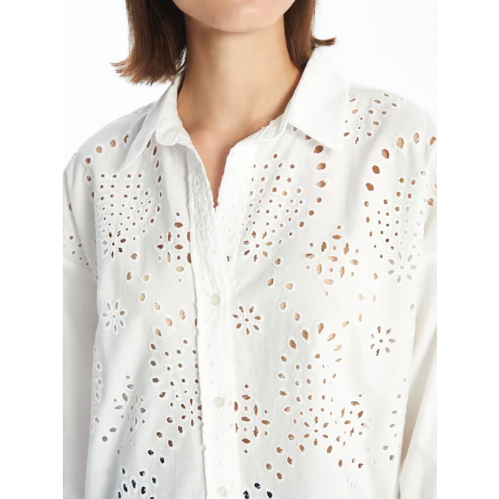 LCW Vision Beyaz Kendinden Desenli Uzun Kollu Oversize Kadın Gömlek