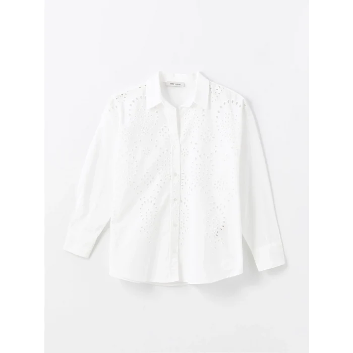 LCW Vision Beyaz Kendinden Desenli Uzun Kollu Oversize Kadın Gömlek