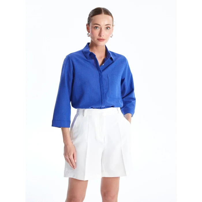 LCWAIKIKI Classic Mavi Düz Keten Görünümlü Kadın Gömlek