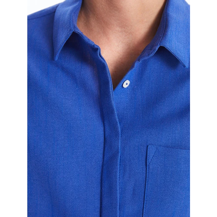 LCWAIKIKI Classic Mavi Düz Keten Görünümlü Kadın Gömlek