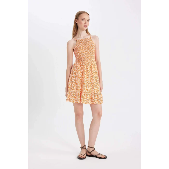 Defacto C0925 Turuncu Coool Halter Yaka Çiçekli Maroken Askılı Mini Elbise