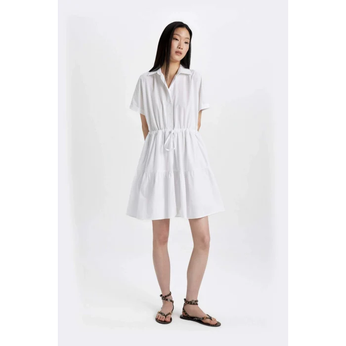 Defacto C5698 Beyaz Gömlek Yaka Beli Büzgülü Poplin Kısa Kollu Mini Beyaz Elbise