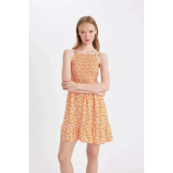 Defacto C0925 Turuncu Coool Halter Yaka Çiçekli Maroken Askılı Mini Elbise