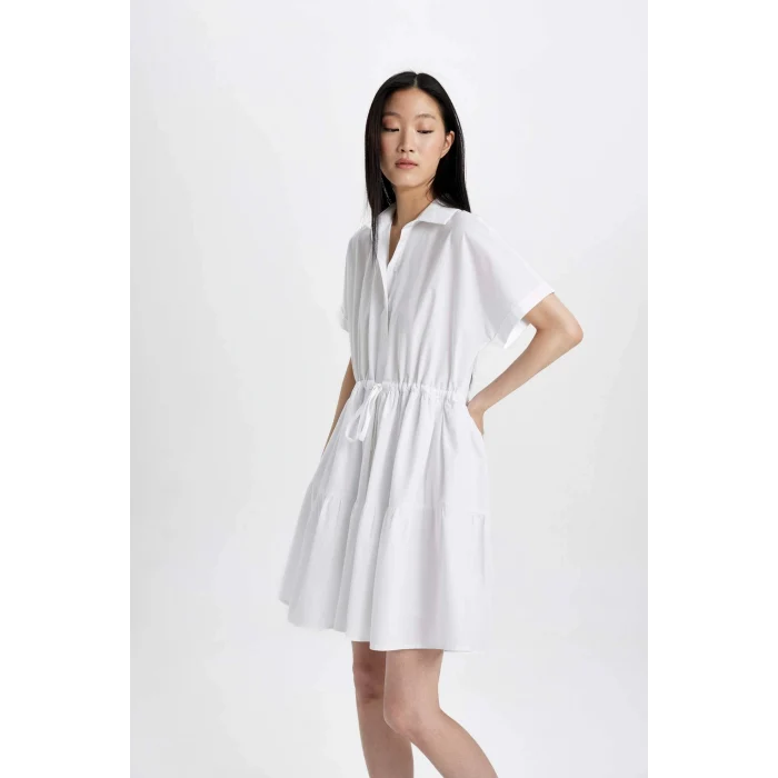 Defacto C5698 Beyaz Gömlek Yaka Beli Büzgülü Poplin Kısa Kollu Mini Beyaz Elbise