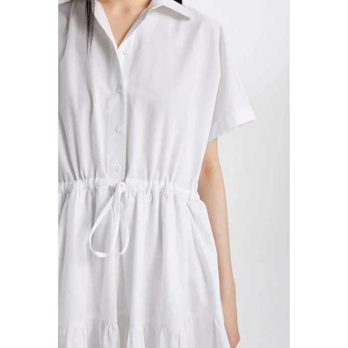 Defacto C5698 Beyaz Gömlek Yaka Beli Büzgülü Poplin Kısa Kollu Mini Beyaz Elbise