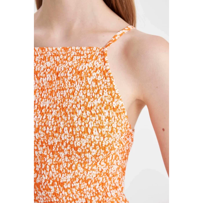 Defacto C0925 Turuncu Coool Halter Yaka Çiçekli Maroken Askılı Mini Elbise