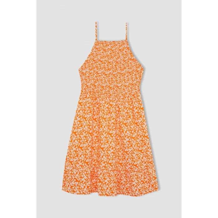 Defacto C0925 Turuncu Coool Halter Yaka Çiçekli Maroken Askılı Mini Elbise