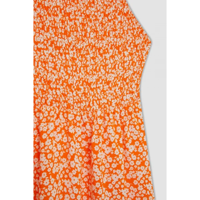 Defacto C0925 Turuncu Coool Halter Yaka Çiçekli Maroken Askılı Mini Elbise