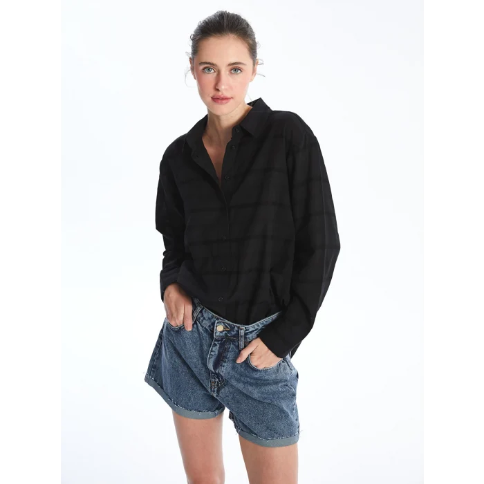 LCW Vision Siyah Kendinden Desenli Uzun Kollu Oversize Kadın Gömlek