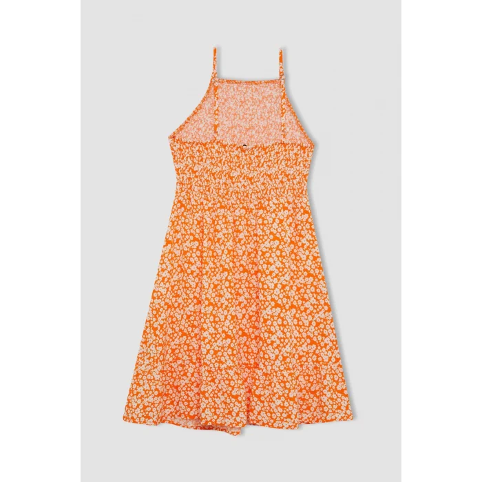 Defacto C0925 Turuncu Coool Halter Yaka Çiçekli Maroken Askılı Mini Elbise