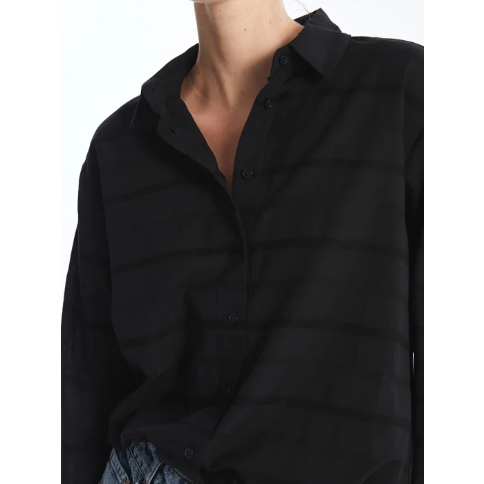 LCW Vision Siyah Kendinden Desenli Uzun Kollu Oversize Kadın Gömlek