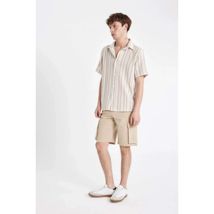 Defacto C5382 Bej Relax Fit Düz Paça Gabardin Kargo Bermuda Şort