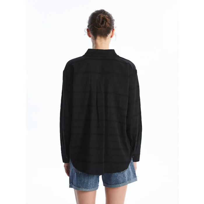 LCW Vision Siyah Kendinden Desenli Uzun Kollu Oversize Kadın Gömlek