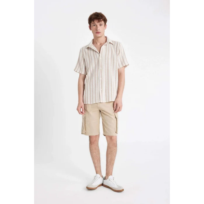 Defacto C5382 Bej Relax Fit Düz Paça Gabardin Kargo Bermuda Şort