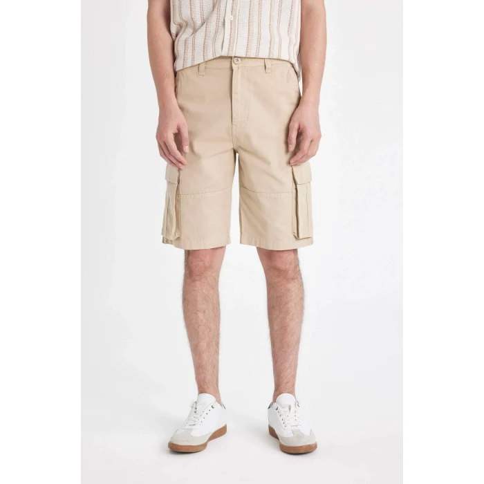 Defacto C5382 Bej Relax Fit Düz Paça Gabardin Kargo Bermuda Şort