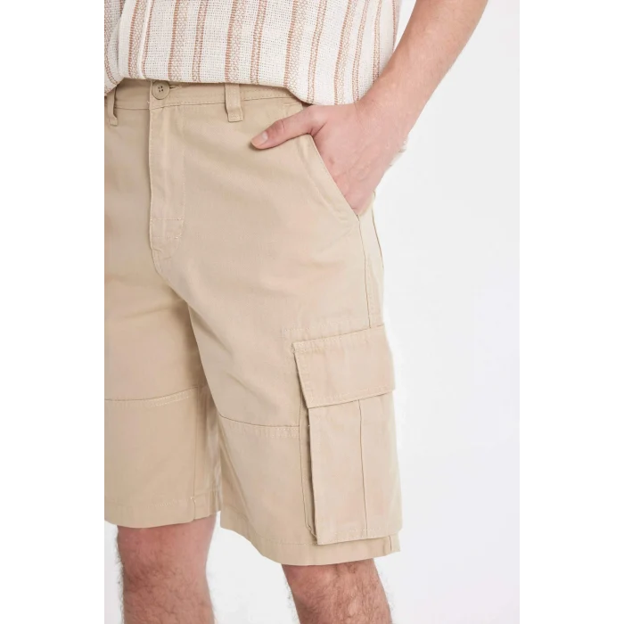 Defacto C5382 Bej Relax Fit Düz Paça Gabardin Kargo Bermuda Şort