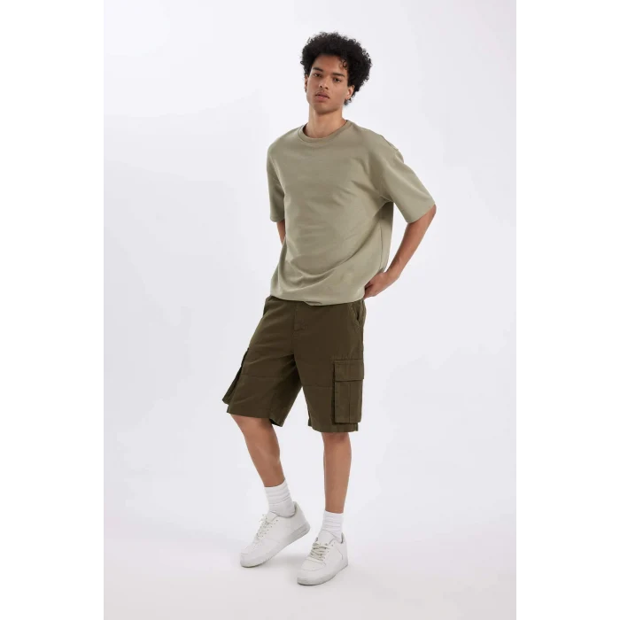 Defacto C5382 Haki Relax Fit Düz Paça Gabardin Kargo Bermuda Şort