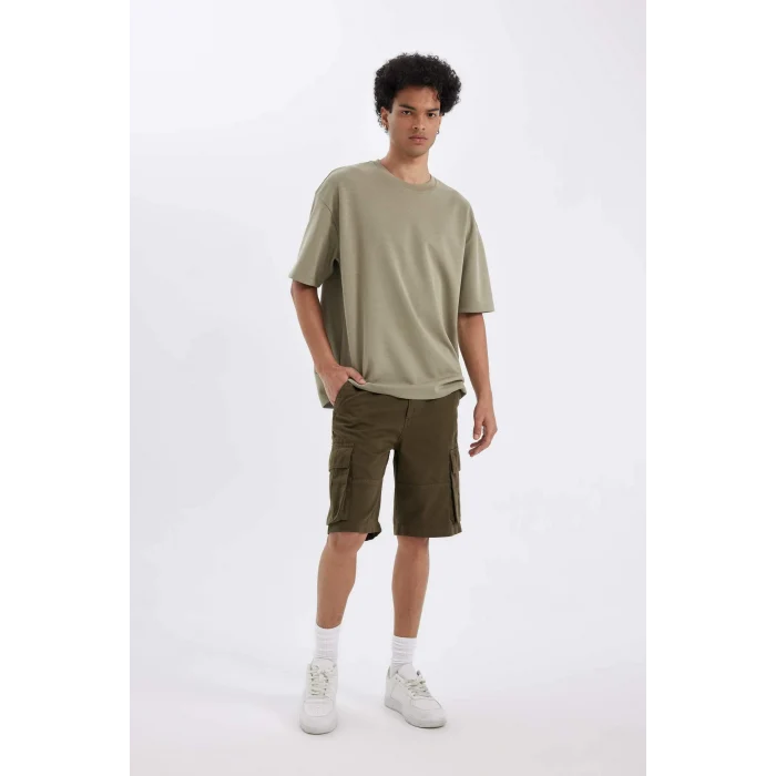 Defacto C5382 Haki Relax Fit Düz Paça Gabardin Kargo Bermuda Şort