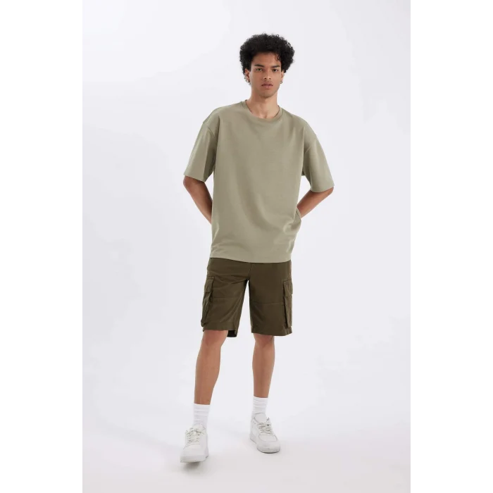 Defacto C5382 Haki Relax Fit Düz Paça Gabardin Kargo Bermuda Şort