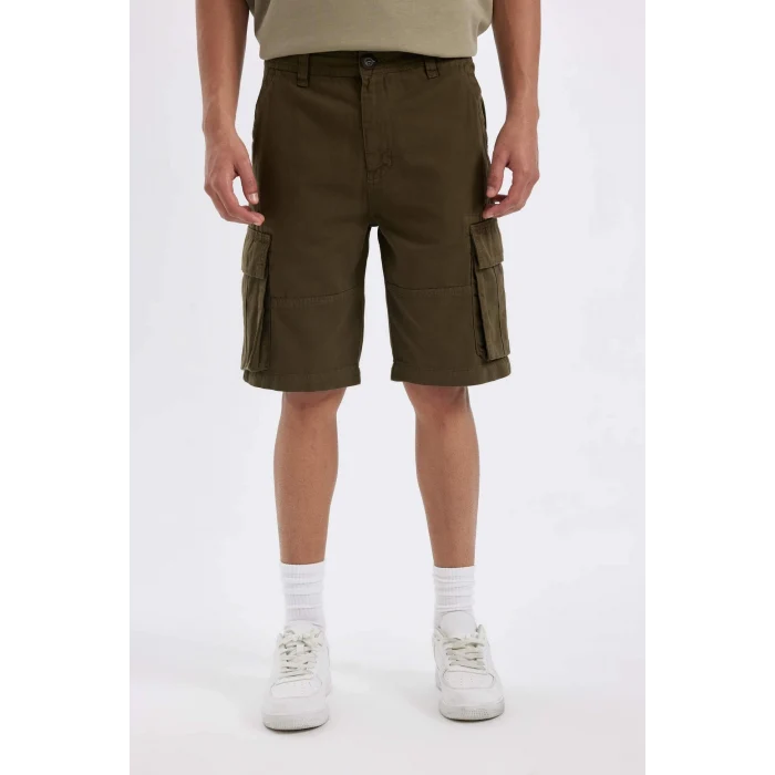 Defacto C5382 Haki Relax Fit Düz Paça Gabardin Kargo Bermuda Şort