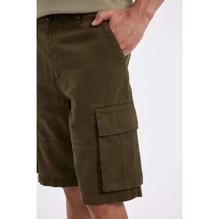 Defacto C5382 Haki Relax Fit Düz Paça Gabardin Kargo Bermuda Şort