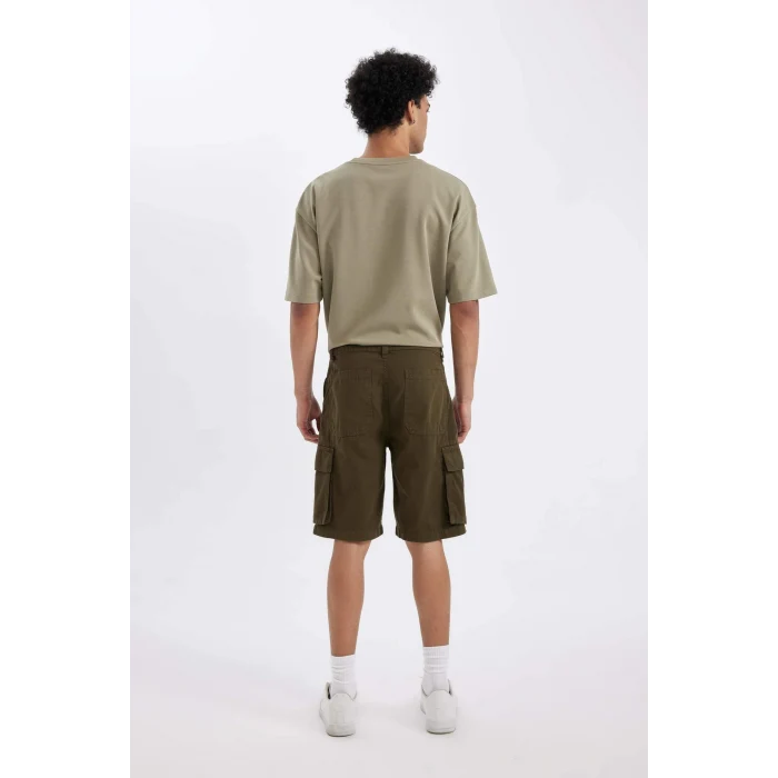 Defacto C5382 Haki Relax Fit Düz Paça Gabardin Kargo Bermuda Şort