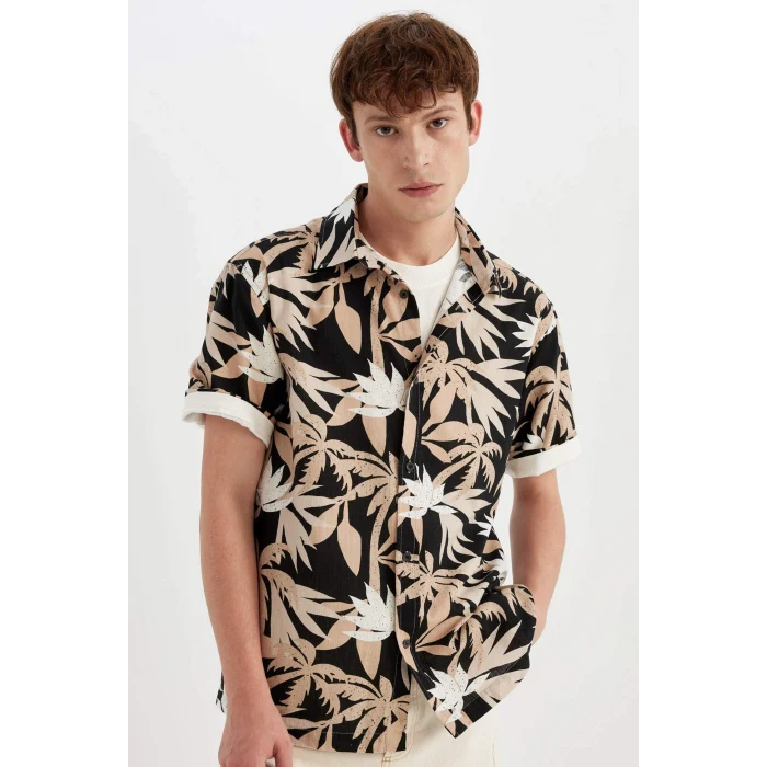 Defacto C7667 Bej Regular Fit Yazlık Hawaii Baskılı Pamuklu Kısa Kollu Gömlek