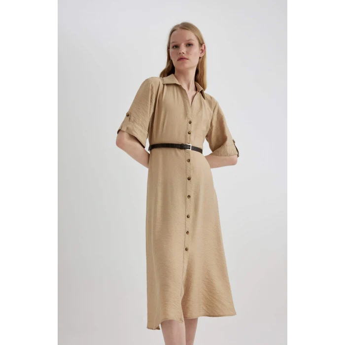 Defacto C1307 Bej Gömlek Yaka Yarım Kollu Kemerli Midi Elbise