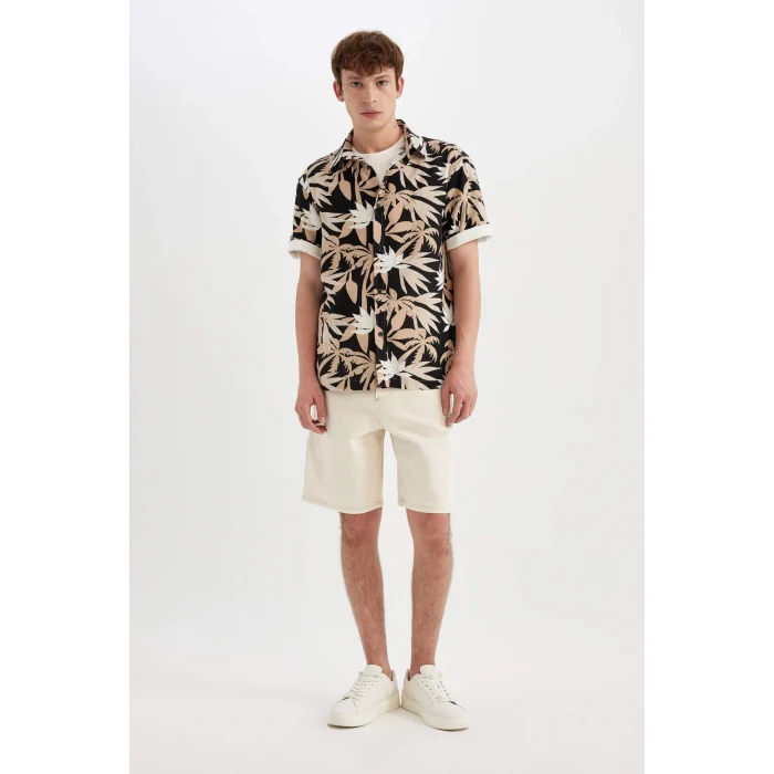 Defacto C7667 Bej Regular Fit Yazlık Hawaii Baskılı Pamuklu Kısa Kollu Gömlek
