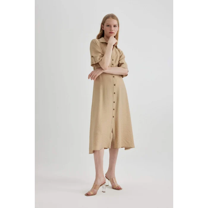 Defacto C1307 Bej Gömlek Yaka Yarım Kollu Kemerli Midi Elbise