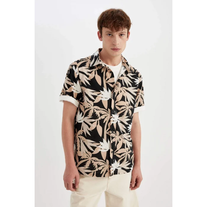 Defacto C7667 Bej Regular Fit Yazlık Hawaii Baskılı Pamuklu Kısa Kollu Gömlek