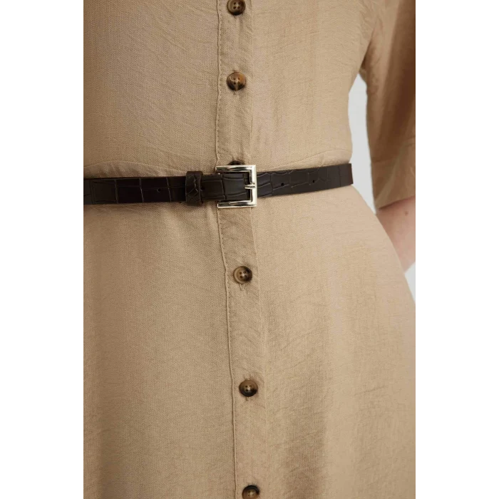 Defacto C1307 Bej Gömlek Yaka Yarım Kollu Kemerli Midi Elbise
