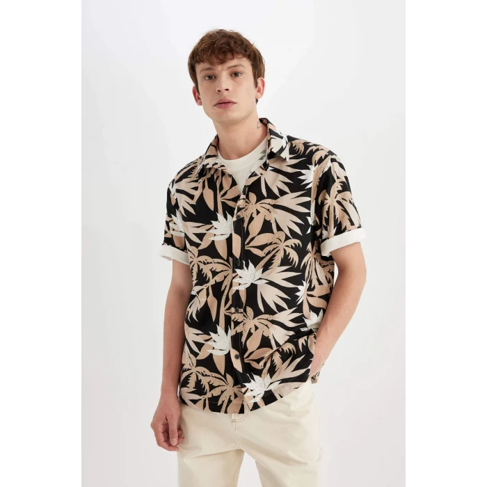 Defacto C7667 Bej Regular Fit Yazlık Hawaii Baskılı Pamuklu Kısa Kollu Gömlek