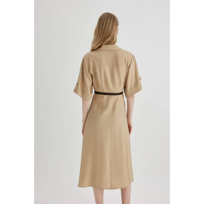 Defacto C1307 Bej Gömlek Yaka Yarım Kollu Kemerli Midi Elbise