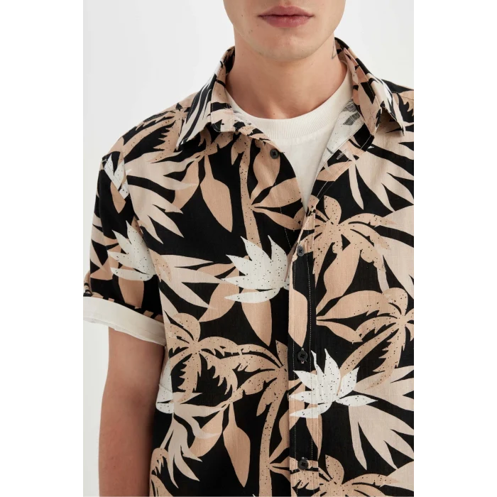Defacto C7667 Bej Regular Fit Yazlık Hawaii Baskılı Pamuklu Kısa Kollu Gömlek