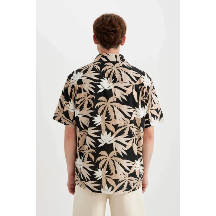 Defacto C7667 Bej Regular Fit Yazlık Hawaii Baskılı Pamuklu Kısa Kollu Gömlek