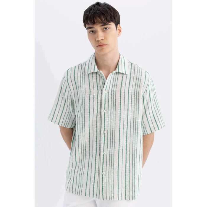 Defacto D2059 Yeşil Relax Fit Yazlık Çizgili Kısa Kollu Gömlek