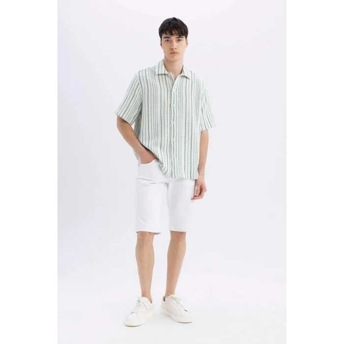 Defacto D2059 Yeşil Relax Fit Yazlık Çizgili Kısa Kollu Gömlek