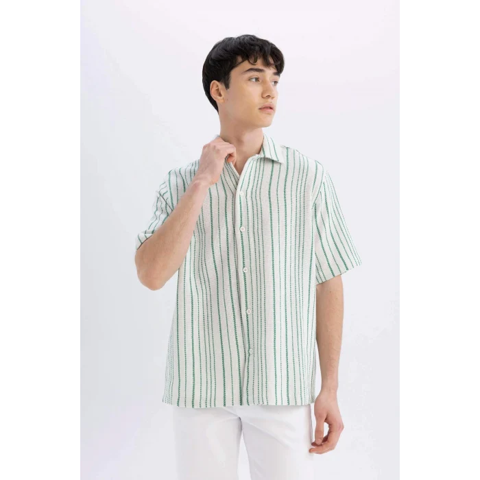 Defacto D2059 Yeşil Relax Fit Yazlık Çizgili Kısa Kollu Gömlek