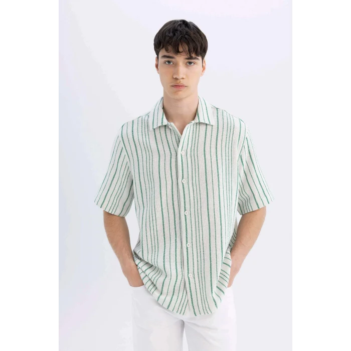 Defacto D2059 Yeşil Relax Fit Yazlık Çizgili Kısa Kollu Gömlek