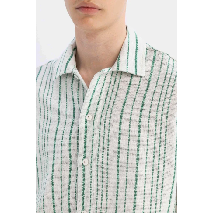 Defacto D2059 Yeşil Relax Fit Yazlık Çizgili Kısa Kollu Gömlek