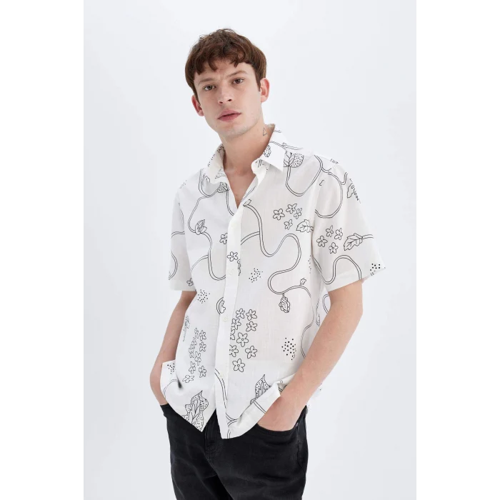 Defacto C7695 Ekru Regular Fit Yazlık Baskılı Pamuklu Kısa Kollu Gömlek