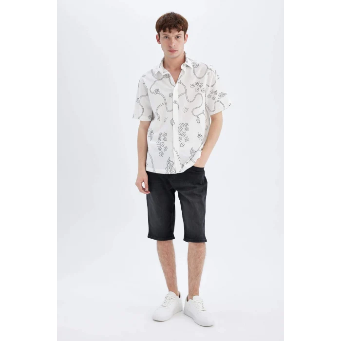 Defacto C7695 Ekru Regular Fit Yazlık Baskılı Pamuklu Kısa Kollu Gömlek