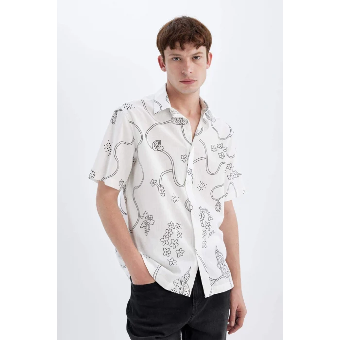 Defacto C7695 Ekru Regular Fit Yazlık Baskılı Pamuklu Kısa Kollu Gömlek