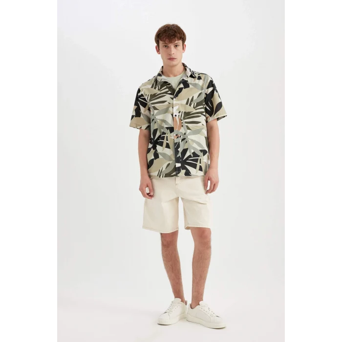 Defacto C7667 Haki Regular Fit Yazlık Hawaii Baskılı Pamuklu Kısa Kollu Gömlek